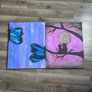 (by me🩷) Blue Butterfly & Purple Moon Cat Big Canvas Wall Art - Set of 2